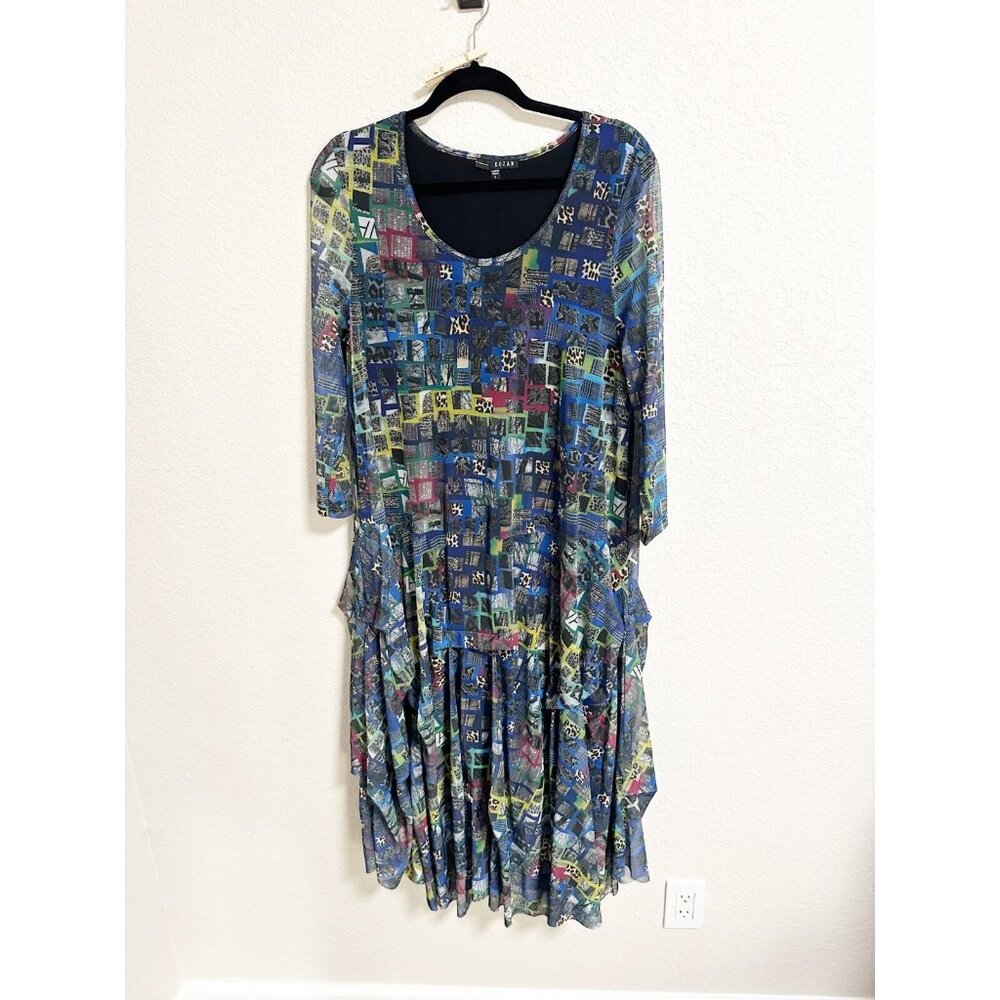 Kira Womens Tiered Midi‎ Dress 3/4 Sleeve Scoop Neck Geometric Print Artsy Large